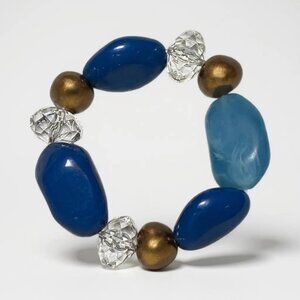 Blue, Gold And Facted Clear Lucite Bead Stretch Bracelet